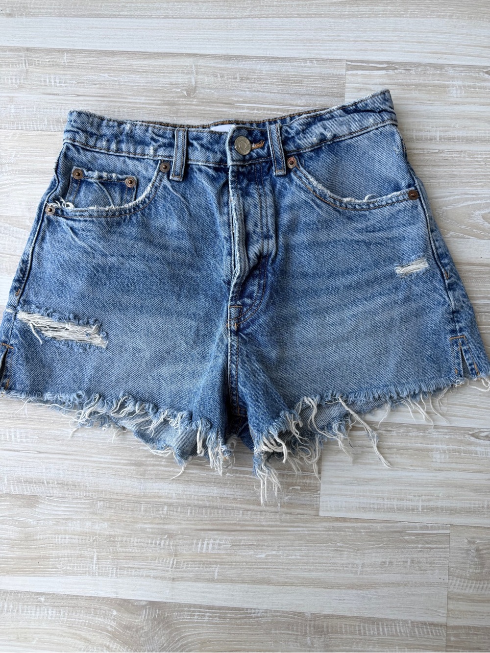 Zara Light Blue Distressed Denim Shorts